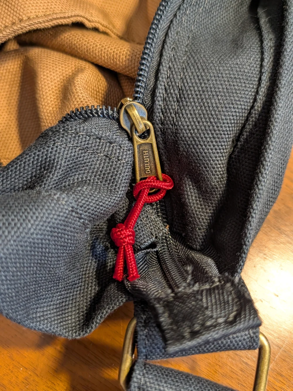 Duluth Trading Co Canvas Tote — Caramel Interior, Black Exterior